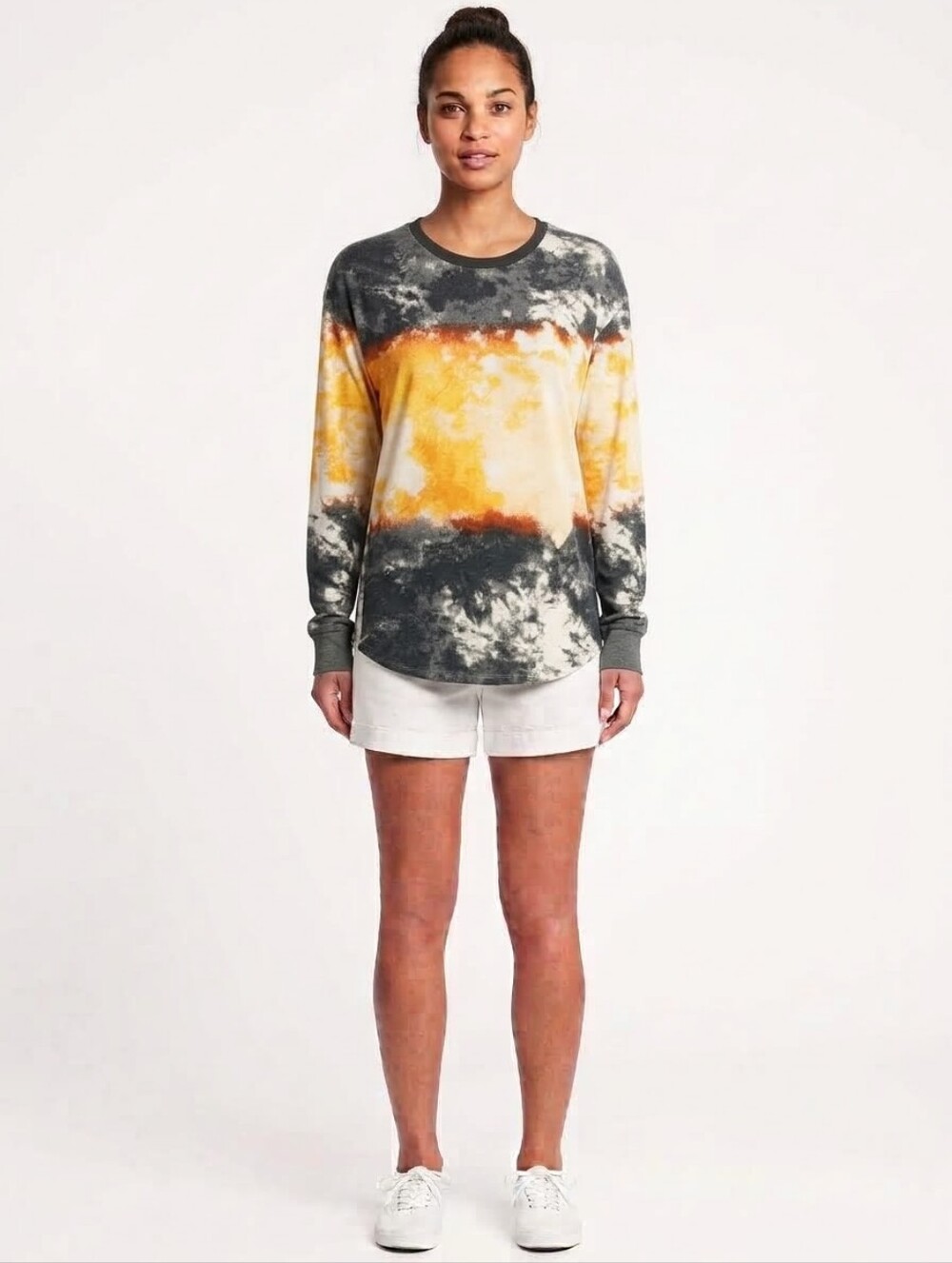 Tie-Dye Long Sleeve Crewneck Top in Yellow and Gray For Women Up To Size 3XL NWT